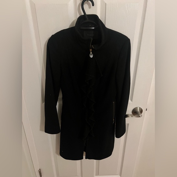 Tahari Wool Blend Black Full Length Front Zipper Ruffled Coat Jacket - Picture 6 of 8